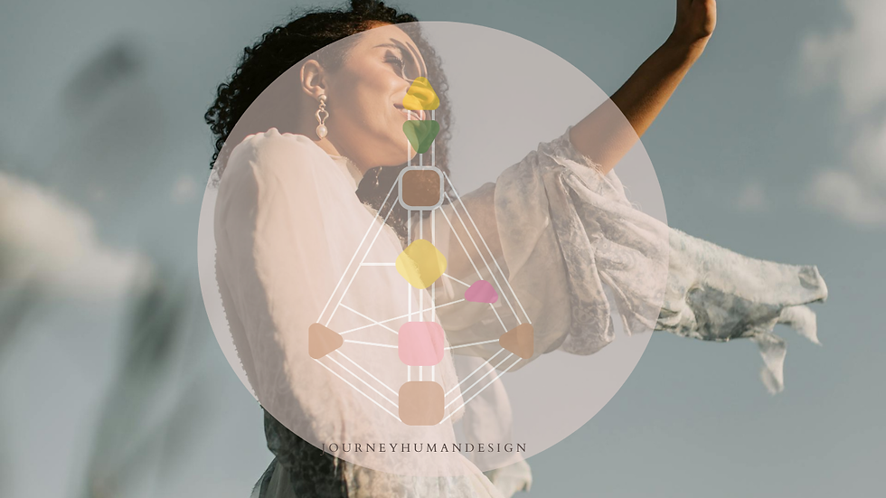 Woman standing outdoors with one arm raised, overlaid with a Human Design BodyGraph inside a circular frame.