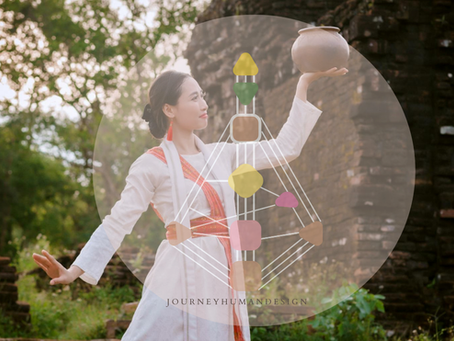 Woman outdoors with a soft overlay of a Human Design BodyGraph, representing Generator energy and response.