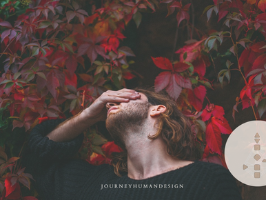 Man holding his head in frustration with Human Design BodyGraph overlay representing conditioning and fear-based decision-making