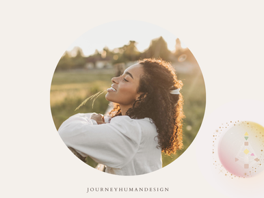 Human Design Manifestor peace signature — woman smiling with eyes closed in sunlight in circular graphic