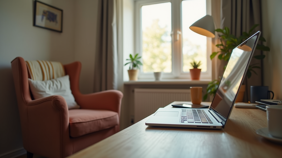 Eye-level view of a cozy home office setup with a laptop and a comfortable chair