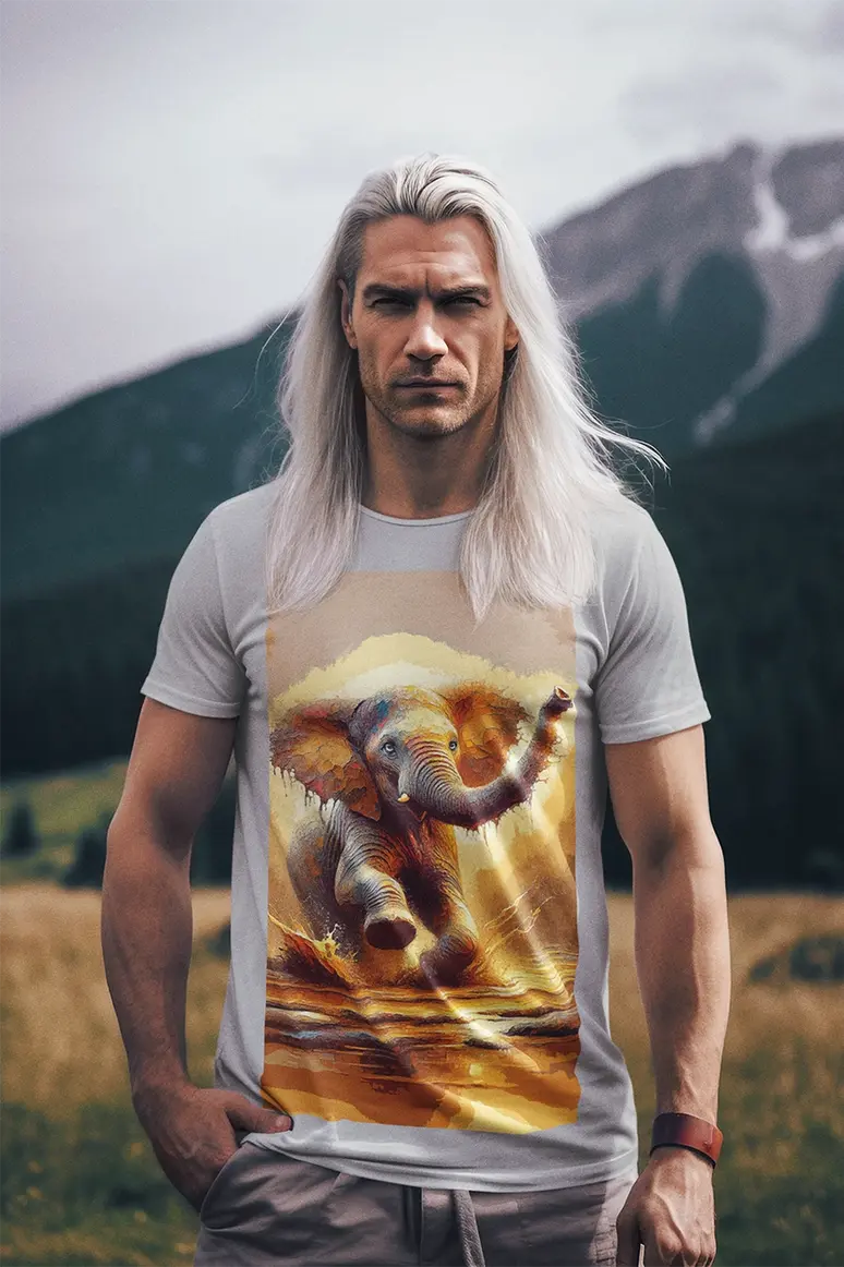 064 Cold fusion, Golden Splash: Majestic Elephant in Artistic Motion