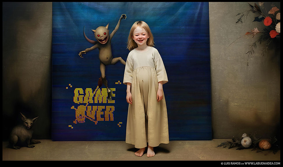 Una niña sonríe mientras un monstruo indica que debe de ir al cama -game over-