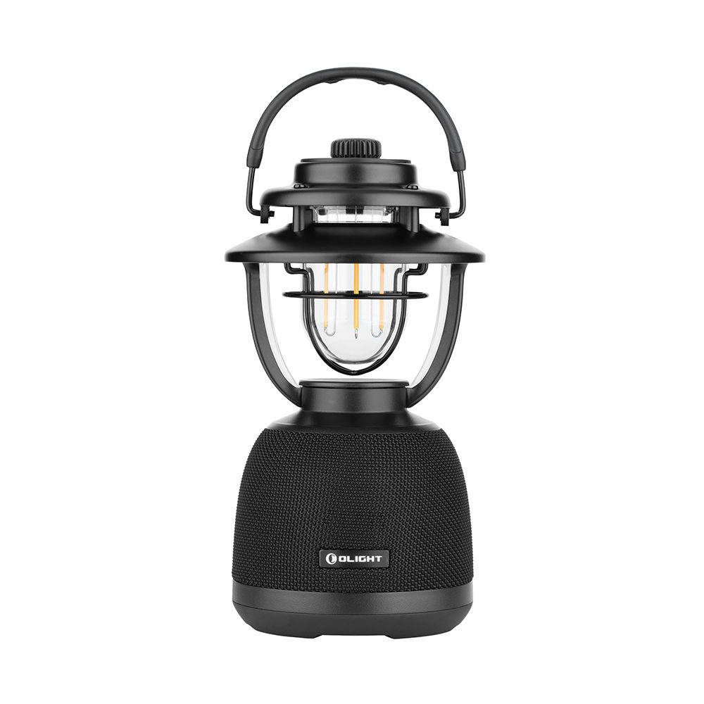Vue avant de la lampe de camping Olantern Music en noir, combinant éclairage et enceinte Bluetooth.