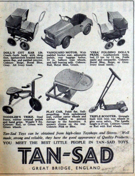 Folheto de propaganda com alguns dos produtos da empresa Tan-Sad, como carrinhos, triciclos para crianças.