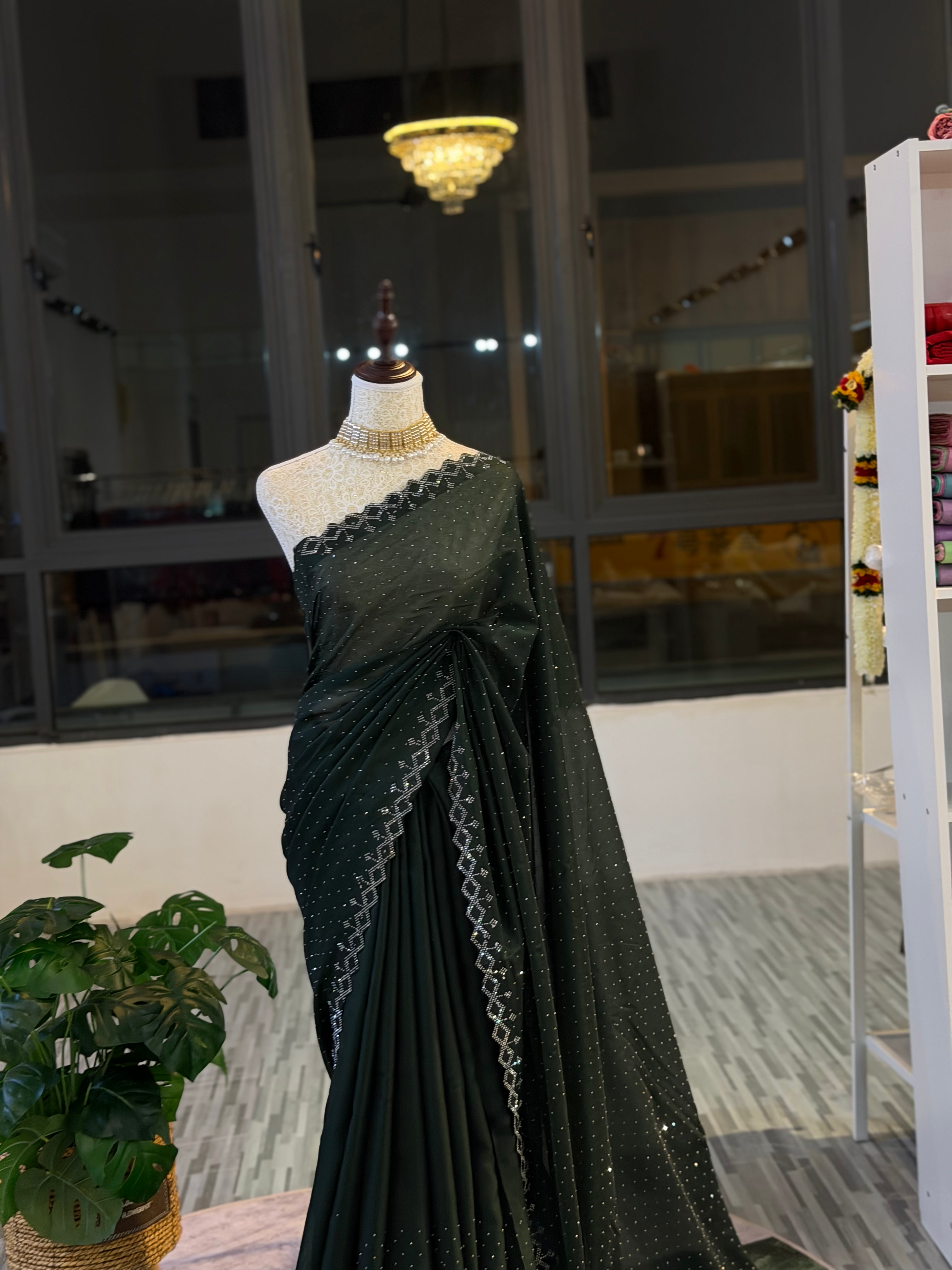 Deep Olive Green Green Soft Georgette with Lightweight Stoned Embroidered Saree 