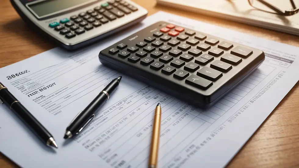 Close-up view of a stack of organized financial documents and a calculator