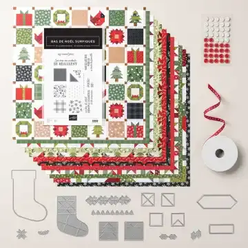 Papiers à motifs de Noël, gabarits de bas, ruban et perles sur fond clair; texte Bas de Noël surprises.