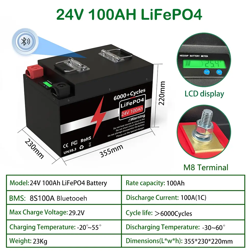 Thumbnail: LiFePO4 24V 300/200/100Ah Bluetooth BMS 12.8/25.6V 7KW 6000+ Cycle Solar Battery