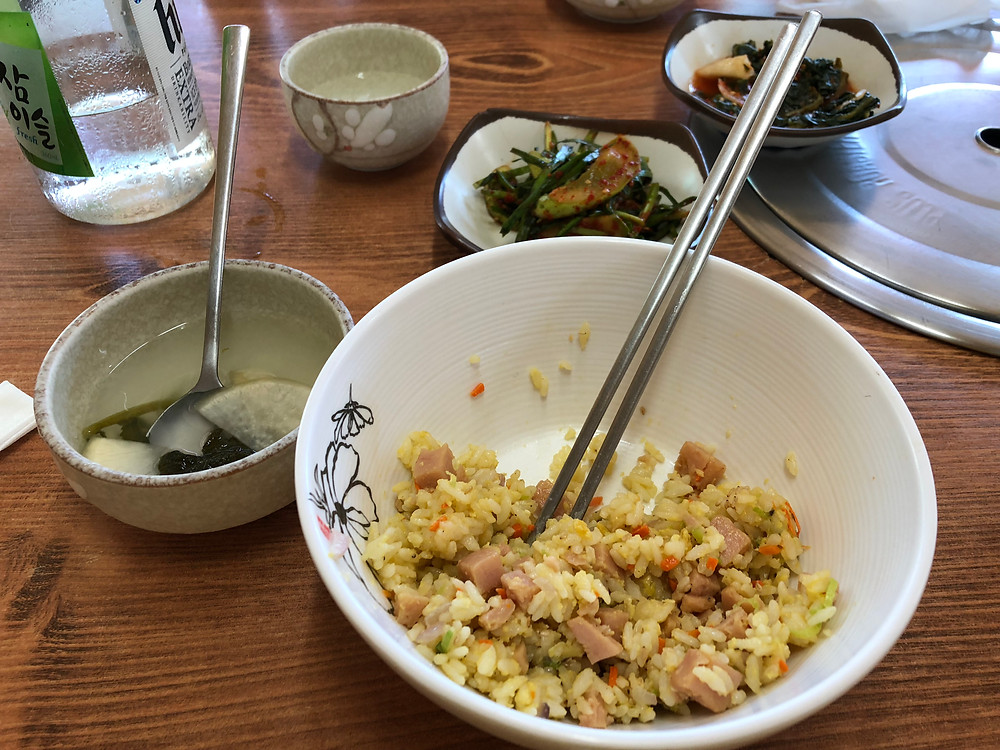 traditional fried rice dish with little chunks of pork. It came with a soup side dish. The soup was salty but worth eating!
