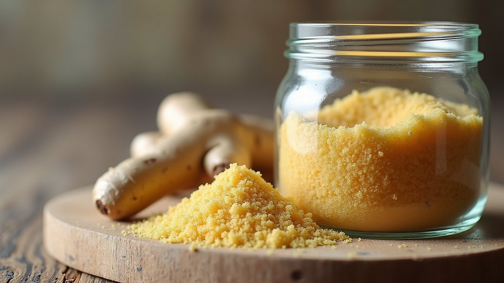 Close-up view of ginger root and sugar in a glass jar