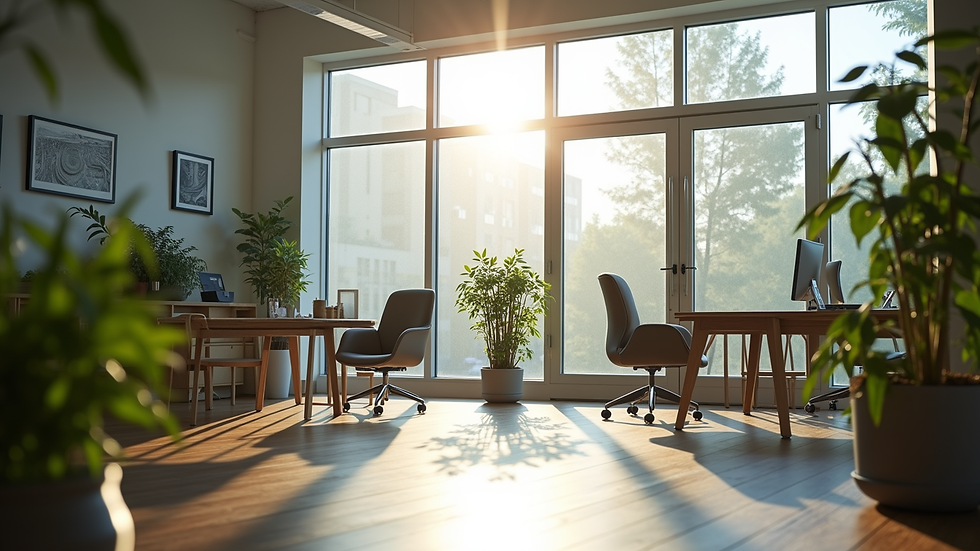 Eye-level view of a modern workspace with a large window and greenery