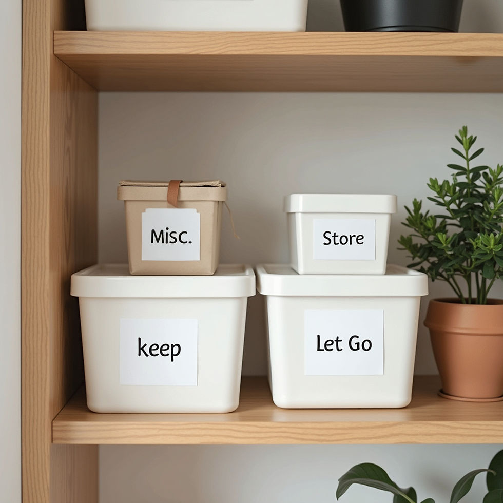 Eye-level view of a cluttered but functional home office with open shelves and mixed storage containers