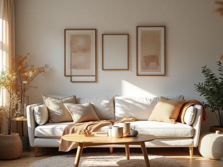 Cosy, bight, living room with warm accents and natural light.