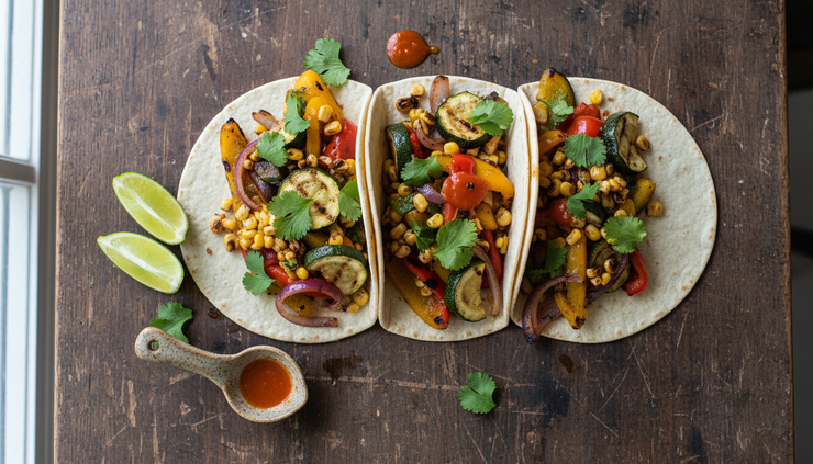 Overhead view of tacos, lime wedges and a spoonful of orange habanero sauce