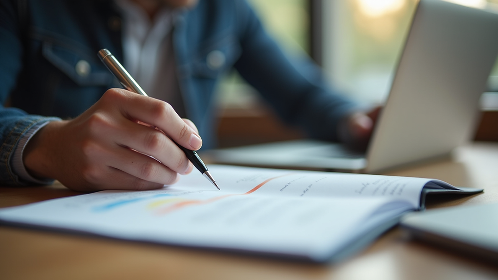 Close-up view of a person writing notes during an online course