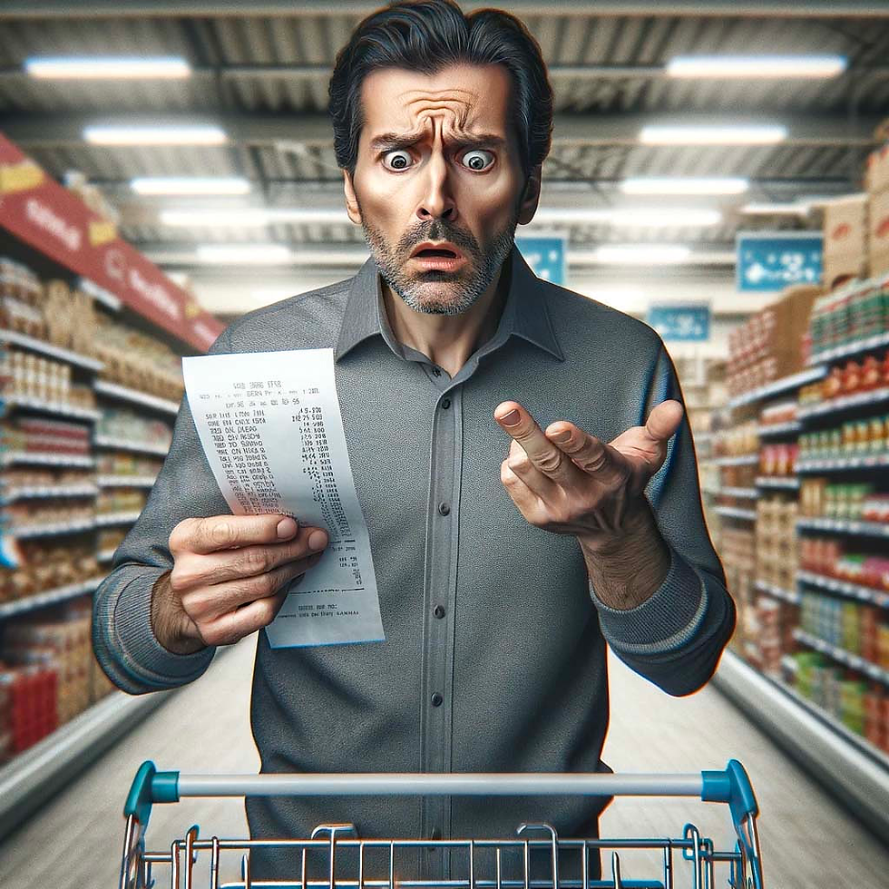 Surprised man looking at grocery bill