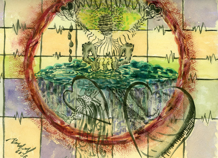 "AI and the ring of fire", w/c on paper, 11"wx9"h, 2026