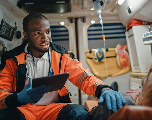 A paramedic trained in E-meter auditing, shown here talking to a woman with a collapsed lung and a comminuted skull fracture about treatment options for the confused alien soul trapped in her body