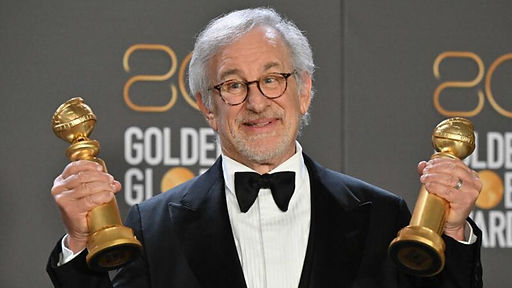 Director Steven Spielberg, shown here holding up his 2026 Golden Globes trophies for writing and directing The Fabelmans 2: Sammy vs. The Time Gobblers