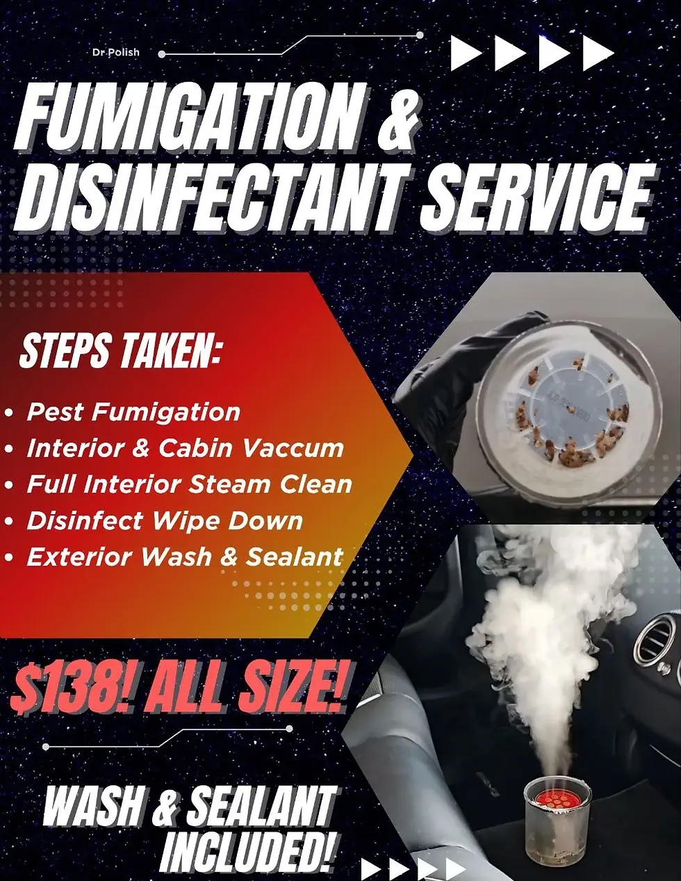 Dr Polish Singapore fumigation and disinfectant service poster featuring pest fumigation, interior vacuuming, steam cleaning and cabin sanitising