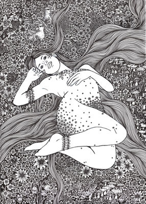 Tuscheillustration Muse, die in einer Blumenwiese liegt, umgeben von Pflanzen und Waldbewohnern