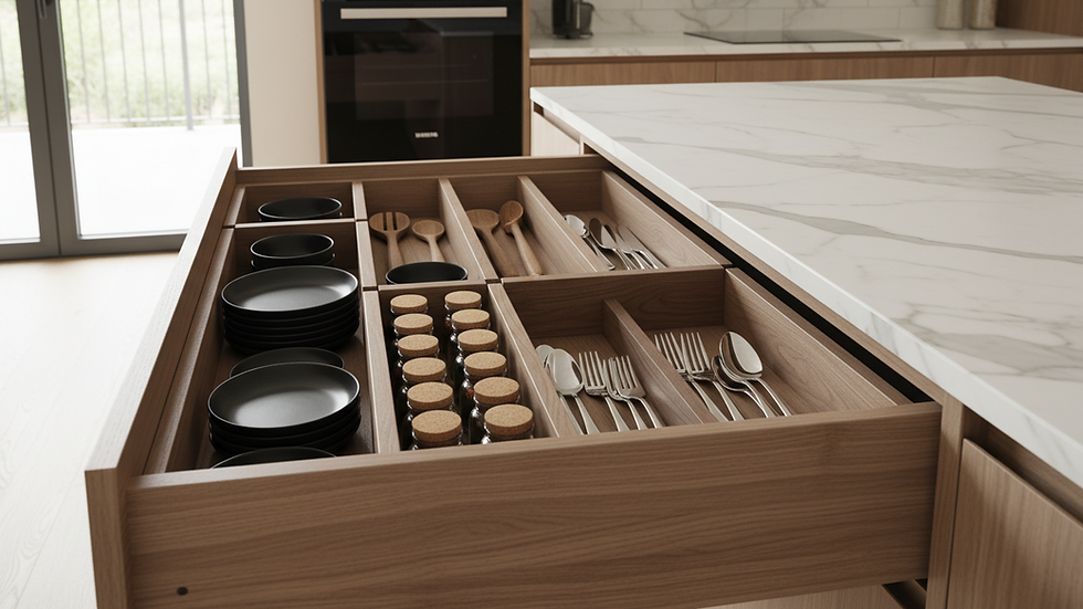 Close-up view of a kitchen drawer with organized storage solutions