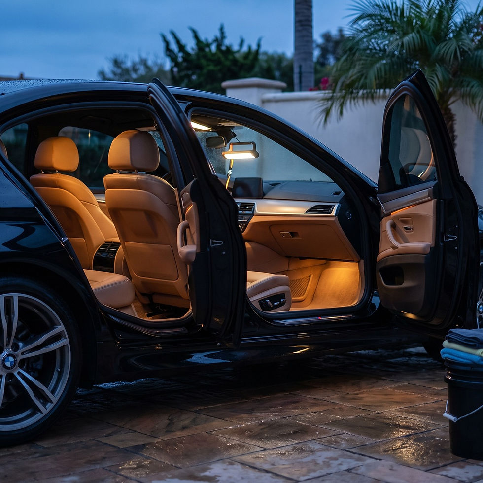 Black luxury sedan finished inside and out, doors open, cabin lit warm at dusk