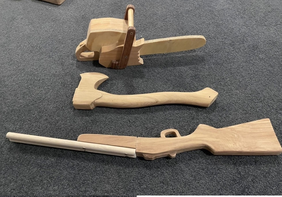 Thumbnail: wooden toy chainsaw recycled timber. Wooden toy axe. Wooden toy shogun