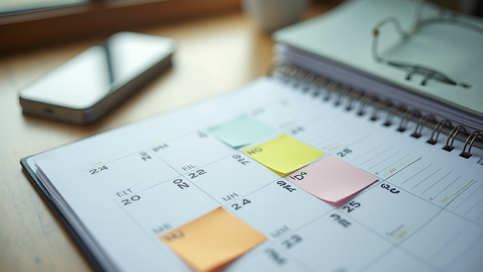 Close-up of a calendar planner open to a weekly schedule with sticky notes