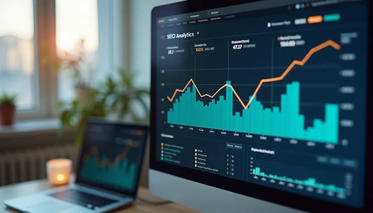 Close-up view of a computer screen showing SEO analytics dashboard