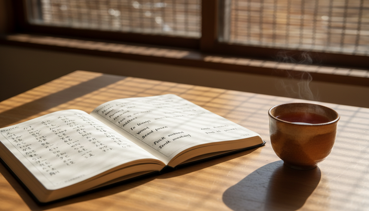 Eye-level view of a Japanese language notebook beside a cup of tea
