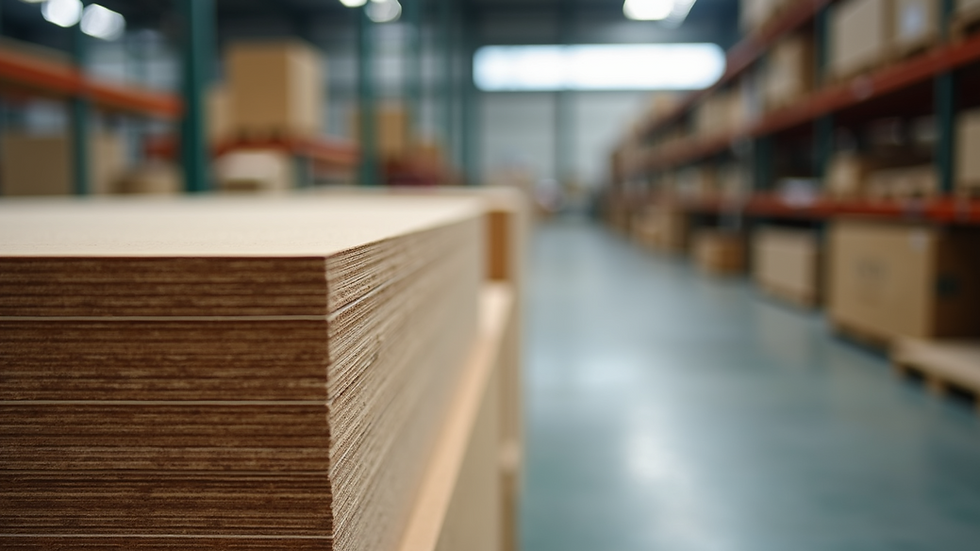 Close-up view of stacked plywood sheets at a manufacturing site.