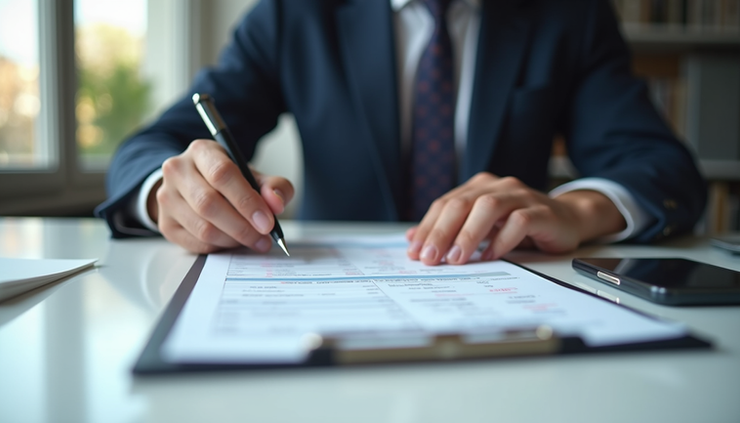 Close-up view of a Purchase Executive reviewing supplier invoices and purchase orders