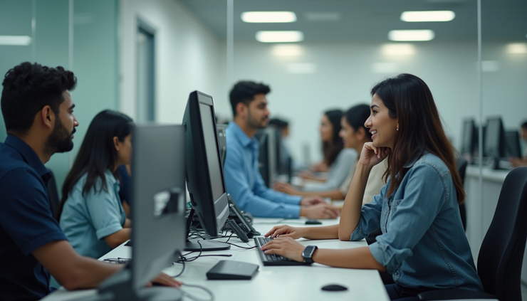 Eye-level view of a busy recruitment agency office in Uttar Pradesh with recruiters working on computers