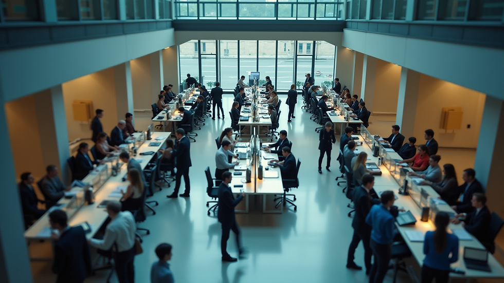 High angle view of bustling office environment