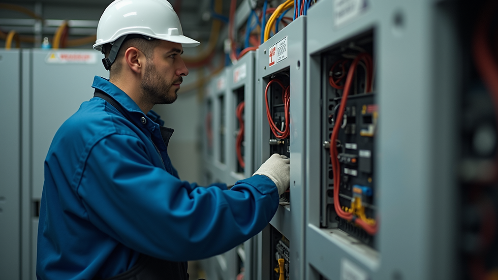 Eye-level view of an electrician working with wiring panels