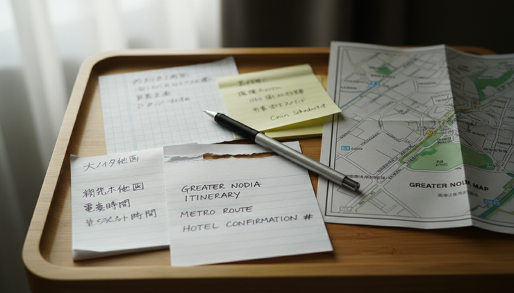 Close-up view of bilingual handwritten notes on a travel tray