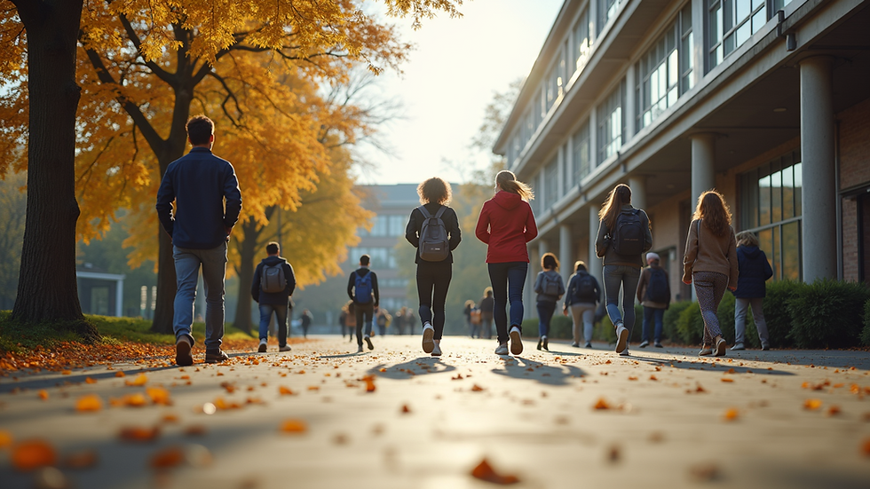 Eye-level view of a vibrant campus with students engaged in various activities