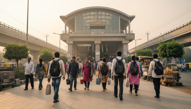 Low-angle view of commuters walking towards a metro station entrance in Noida