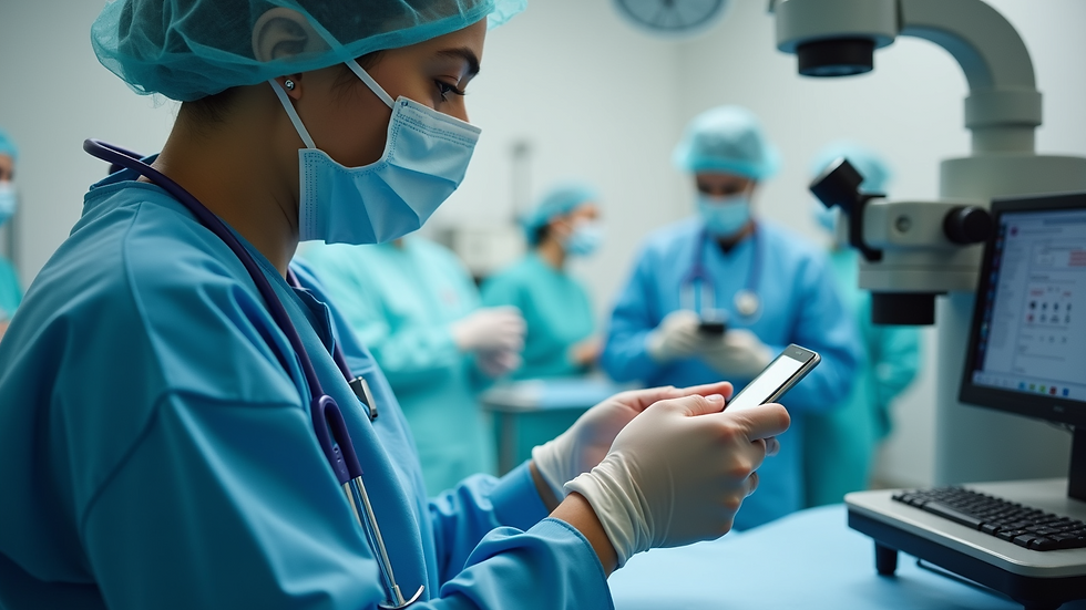 Close-up view of a healthcare professional examining medical equipment