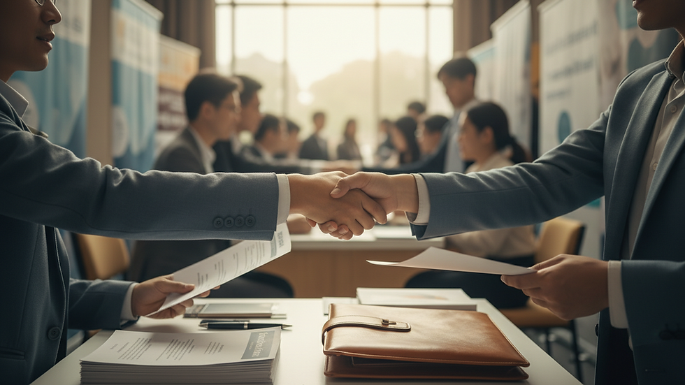 High angle view of a job fair with employers and candidates interacting