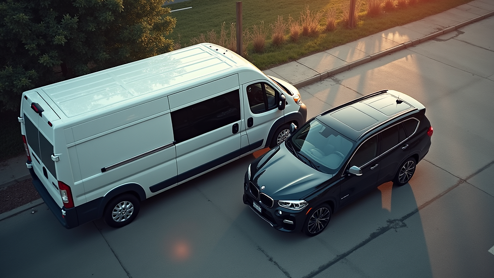 High angle view of a mobile detailing van parked next to an SUV