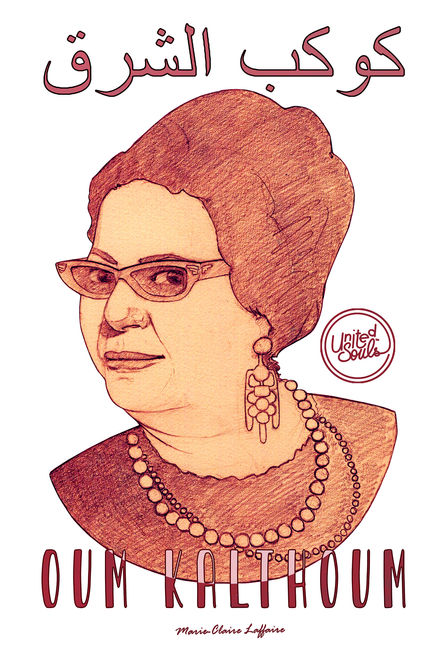 Portrait de Oum Kalthoum par Marie-Claire Laffaire pour la marque United Souls