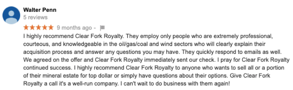 Google Review for Mineral Rights Services for Clear Fork Royalty