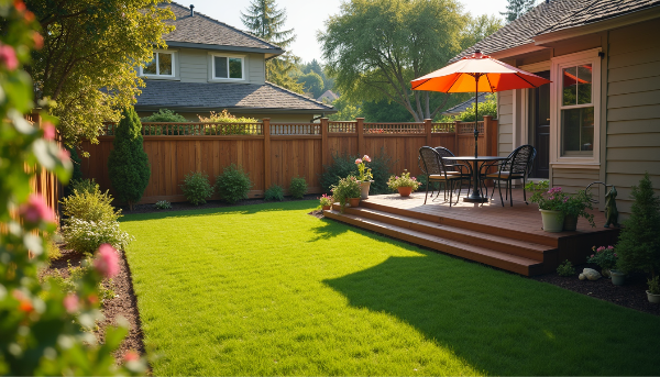Vibrant backyard featuring a well-maintained wooden fence and deck