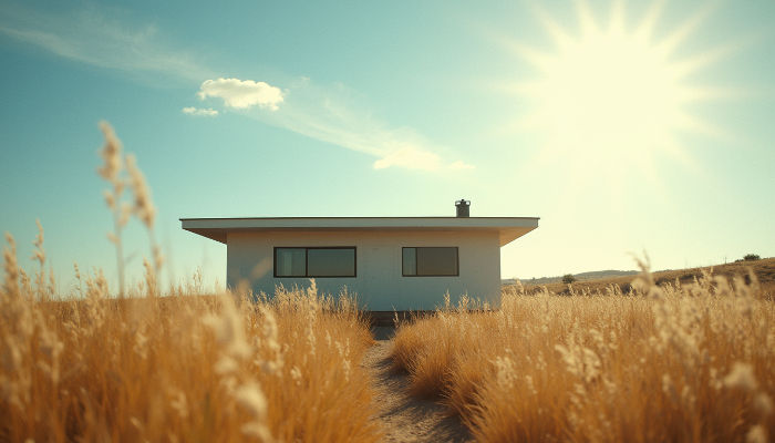 Wide angle view of flat-roofed house under bright sunny skies