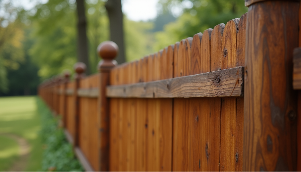 Eye-level view of a beautifully stained wood fence