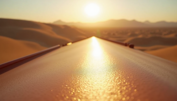 Close-up of a freshly painted roof coating reflecting sunlight in a desert environment