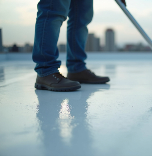 Eye-level view of roof coating application on a flat roof